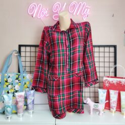 Bộ ngủ Victoria’s Secret dài áo liền quần vải cotton màu đỏ caro 216463qbj