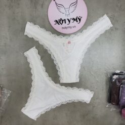 Quần lót Victoria Secret nửa mông lưng cao thun lạnh phối ren màu trắng 417746q9z