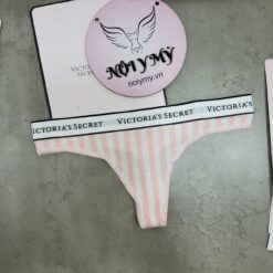Quần lót Victoria Secret lọt khe thun cotton lưng logo màu hồng sọc trắng 415830spu (Copy)