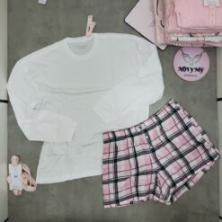 Set ngủ Victoria's Secret cotton áo trắng quần caro hồng 428584qbf